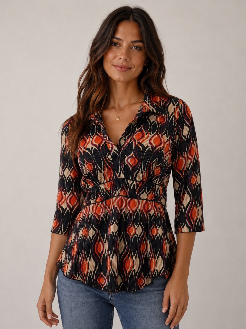 Dress Barn Black Orange Cream Printed Geometric Peplum Blouse L Art to Wear Boho